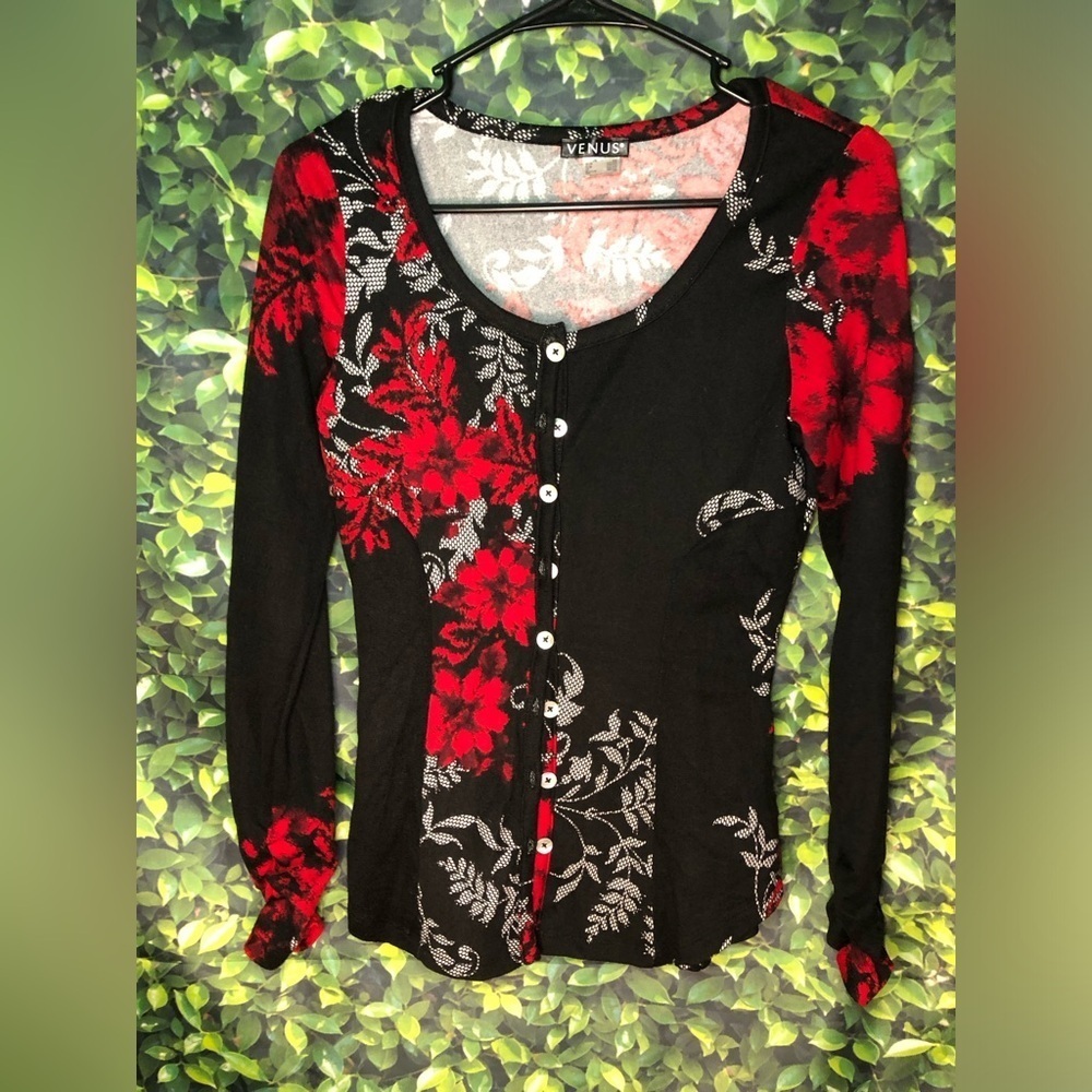 Venus Women's Black and Red Floral Top